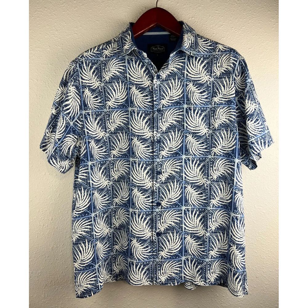 Nat Nast Large Short Sleeve Button Up Shirt Leaf Pattern Silk Cotton Blend